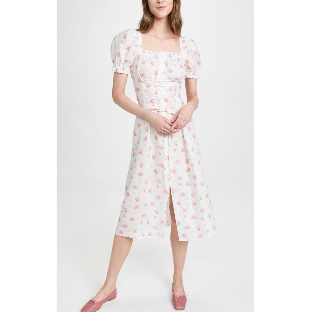 SLEEPER Marquise Linen Dress in Roses Pink White Lace Front Puff Sleeve L